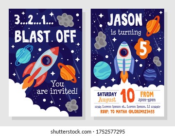 Bright Cosmic Space Party Invitation Template Vector Illustration. Blast Off Flat Style. Costume Fun Party. You Invited. Happy Birthday Concept. Isolated On Grey Background