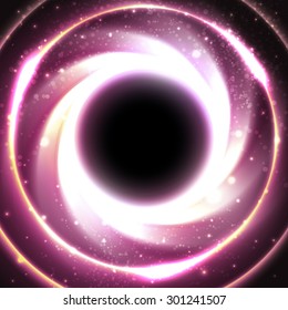 Bright cosmic storm and glowing circle lights in center of black-purple vector background. Abstract astronomy wallpaper design with super nova