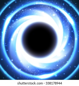 Bright cosmic storm and glowing circle lights in center of black-blue background. Abstract astronomy wallpaper design with super nova