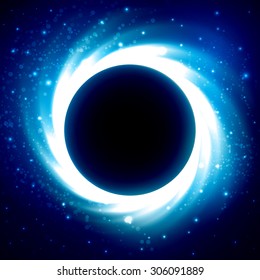 Bright cosmic storm and glowing star lights on black-blue vector background with copy space for text in center. Abstract astronomy wallpaper design with super nova