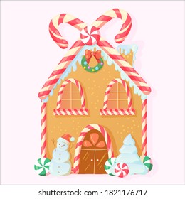 a bright cottage, cookies, Christmas sweets and treats, gingerbread house-shaped cookies with decorations, striped lollipops, candies. Vector illustration