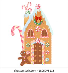  bright cottage, cookies, Christmas sweets and treats, gingerbread house-shaped cookies with decorations, striped lollipops, candies. Vector illustration