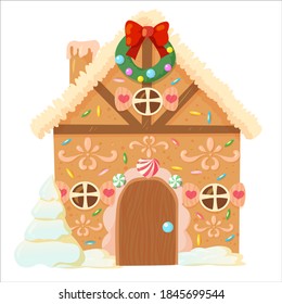 cabaña luminosa, galletas, dulces y dulces de Navidad, galletas con forma de casa de jengibre con decoraciones, copas a rayas, caramelos. Ilustración del vector