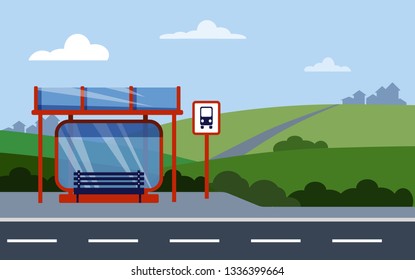 Bright country bus stop on background of fields and villages. Country road. Sunny summer day. Vector template.