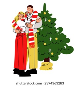 A bright couple gives each other gifts on the background of a Christmas tree. A couple of a guy and a girl, a vector flat illustration of gift giving. A hug. A surprise gift box. Christmas, New Year