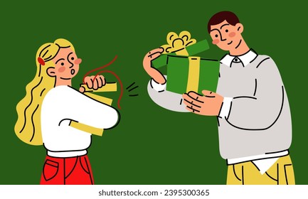 A bright couple gives each other gifts on a green background. Vector guy and girl, vector flat illustration of opening gifts, emotions. Exchange of gifts. A surprise gift box. Christmas, New Year