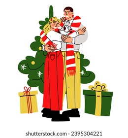 Bright couple gives each other gifts on the background of a Christmas tree. Couple guy and girl, vector flat illustration hug. Gifts under the Christmas tree. A surprise gift box. Christmas, New Year