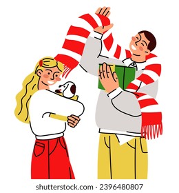 A bright couple gives each other gifts on a large white background. Vector guy and girl, vector flat illustration of opening gifts, emotions. Receiving gifts. A surprise gift box. Christmas, New Year