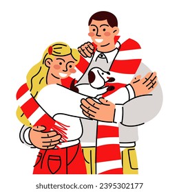 A bright couple hugs after giving gifts, in isolation large. Cute guy and girl, vector flat illustration of opening gifts, emotions. Receiving gifts. A surprise gift box. Christmas, New Year