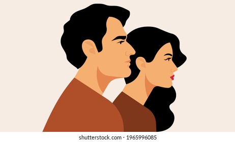 Bright couple are looking in one direction. Beautiful woman with long hair. Young man with black hair. Two people caucasian ethnicity. Modern vector illustration.