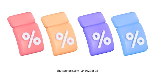Bright coupons: red, orange, purple and blue. 3D icons can be used to draw attention to discounts, promotions and cashback programs. Bright color icons with a percentage symbol for marketing campaigns