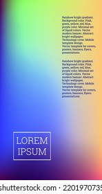 Bright cover or background design. Pink, green, yellow, red, blue, purple color. Minimal set of liquid colors. Abstract bright wallpaper. Technology cover. Mobile template design.