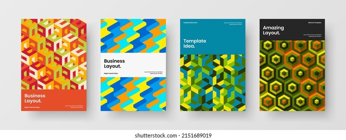 Bright cover design vector illustration bundle. Unique mosaic hexagons flyer concept set.