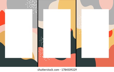 Bright cover designs in cartoon style for brochures, stories, applications. Vector flat set of cover designs with abstraction. Set of backgrounds with place for text.