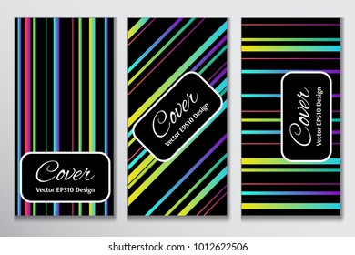 Bright cover gradient stripe design. Contrast cover for front of booklet. Layout with colorful gradient stripes on black background for marketing purpose.