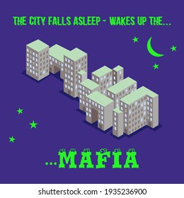 Bright cover for Mafia game with block of multi-storey buildings on the dark blue background, bright green text The city falls asleep wakes up the mafia and stars and moon around the building