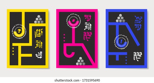Bright covers templates set with trendy geometric pattern and typography. Asian style. Applicable for placards, brochures, posters, covers and banners. Vector illustrations.