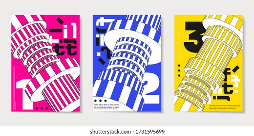 Plantillas de cubiertas luminosas con diseño geométrico y tipográfico a la moda. estilo asiático. Aplicable a carteles, folletos, carteles, portadas y carteles. Ilustraciones vectoriales.
