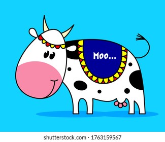 Bright cow against a blue background. Cartoon character 