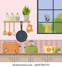 Brilhante e acolhedor cenário interior da cozinha com vários utensílios, eletrodomésticos e elementos decorativos criando uma atmosfera doméstica e convidativa. Ilustração vetorial