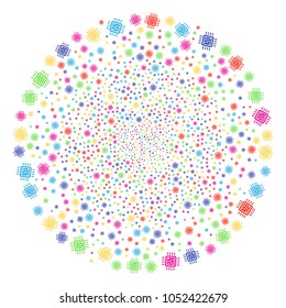 Bright Cpu Circuit carnival spheric cluster. Vector sphere bang organized by randomized cpu circuit objects. Bright Vector abstraction.