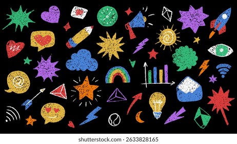 Bright Crayon Doodle Artistic Vector with Various Creative and Fun Elements