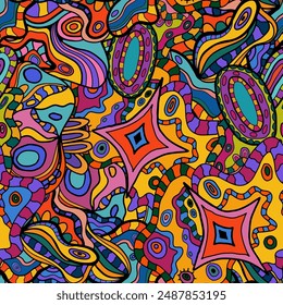 Bright crazy doodle sketch seamless pattern. Background with messy ink art with different shapes, curls. Fantasy texture, textile, wrapping paper, fabric.