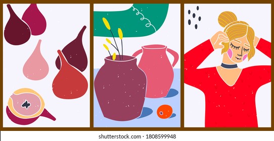 Bright creative cartoon autumn posters. Minimalistic abstract backgrounds for your social networks, stories. Portrait of a cute girl in a sweater. Still life with a vase, flowers, tangerine, figs.