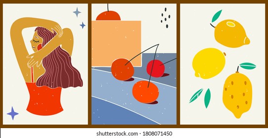 Bright creative cartoon posters. Minimalistic abstract backgrounds for your social networks, stories. Portrait of a cute girl from the back. Still life with cherries. Illustration with lemons.