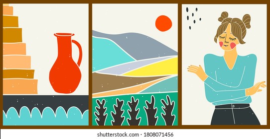 Bright creative cartoon posters. Minimalistic abstract backgrounds for your social media, stories. Portrait of a lovely fashionable girl. Landscape with fields, mountains, sun. Still life with a vase.