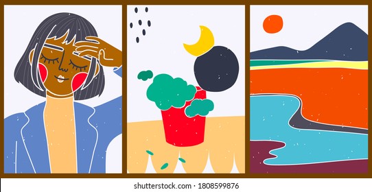 Afiches de caricaturas creativas brillantes. Antecedentes abstractos minimalistas para tus medios sociales, historias. Retrato de una chica de moda con una chaqueta. Todavía la vida con una olla de flores. Paisaje con río, sol