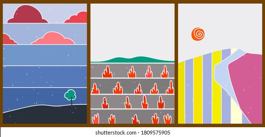 Bright creative cartoon posters. Minimalistic abstract backgrounds for your social networks, stories. Landscapes with mountains, fields, desert, clouds, trees, plants, sun, stripes.