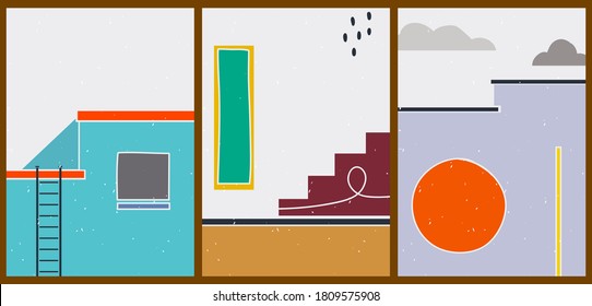 Bright creative cartoon posters. Minimalistic abstract backgrounds for your social networks, stories. Architectural landscapes with geometric figures, buildings, windows, stairs, clouds, dots.