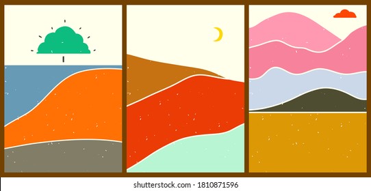 Bright creative cartoon posters. Minimalistic abstract backgrounds for your social networks, stories. Set of landscapes with different shapes, mountains, fields, moon, clouds, trees.