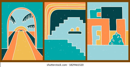Bright creative cartoon posters. Minimalistic abstract backgrounds for your social networks, stories. Architectural landscapes with different geometric shapes, buildings, windows in vintage style.