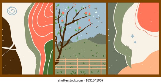 Bright creative cartoon posters. Minimalistic abstract backgrounds for your social networks, stories. Forest landscape. Vintage oriental illustrations with various geometric shapes, lines, stars.