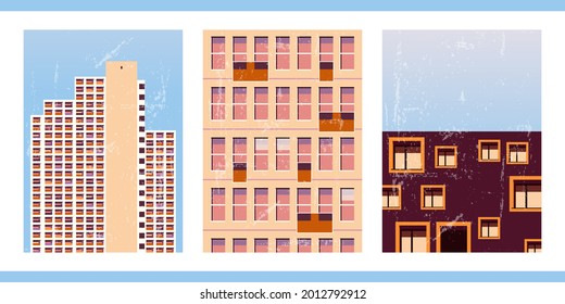 Bright creative cartoon posters. Minimalistic abstract backgrounds for your social networks, stories. Architectural landscapes with different geometric shapes, buildings, windows in vintage style.