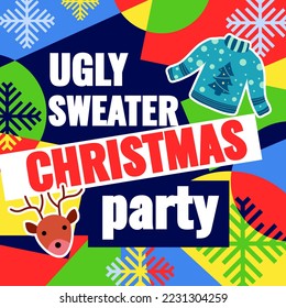 Bright creative Christmas card, ugly sweaters christmas party. Vector illustration of a poster or cover for a party, holiday invitation or greeting and happy new year