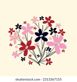 Bright creative floral card in juicy colors. Vibrant quirky multicolored wildflowers. Hand drawn illustration