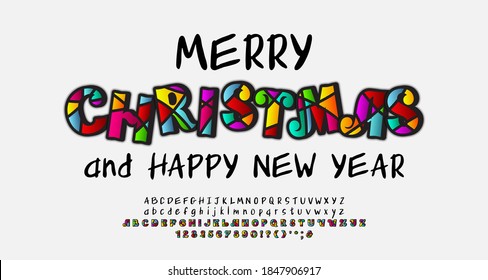 Bright creative greeting poster Merry Christmas and Happy New Year. Ornate mosaic style font and handwritten lettering alphabet black color. Vector illustration.