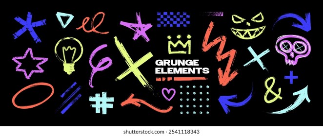 Bright creative hand drawn doodles, bold elements. Memphis scribbles grunge brush strokes, symbols, lines, underline in neon colors. Grunge doodles and scribbles. Isolated Vector Graphics Collection