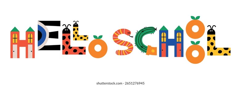 Bright and creative Hello School vector illustration with uniquely designed letters resembling animals and plants, perfect for educational and playful themes.