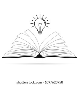 Bright creative idea. Light bulb over opened black book. Concept of an idea. Vector illustration, EPS10.