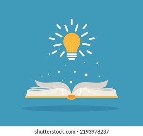 Bright creative idea light bulb over open book, Think idea concept, Flat style vector illustration EPS 10.