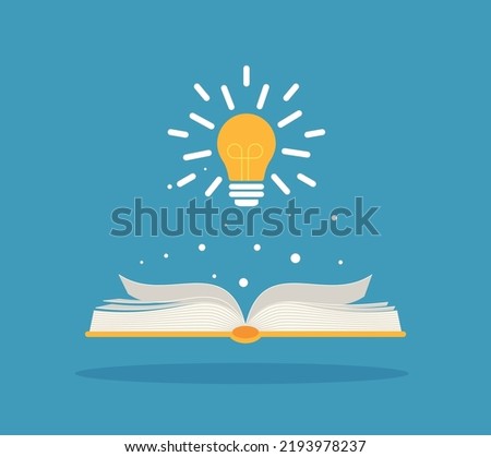 Bright creative idea light bulb over open book, Think idea concept, Flat style vector illustration EPS 10.