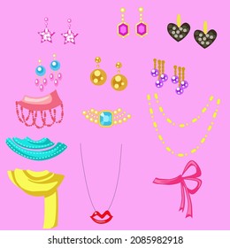 Colección de ilustraciones planas de joyería creativa brillante. pendientes de dibujos animados, pulseras, anillos de oro, pendent con joyas ilustraciones aisladas Vector