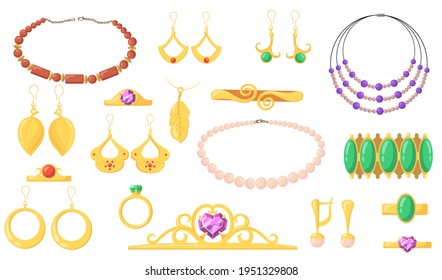 Bright creative jewelry flat pictures collection. Cartoon earrings, bracelets, gold rings, pendent with jewels isolated vector illustrations. Accessories and jewellery concept