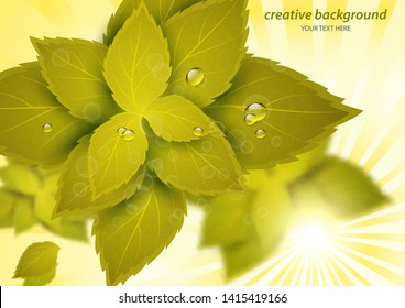 Bright creative leaves through the rays of the sun. Abstract poster with shining sun and blurred background. Vector illustration