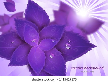 Bright creative leaves through the rays of the sun. Abstract poster with shining sun and blurred background. Vector illustration