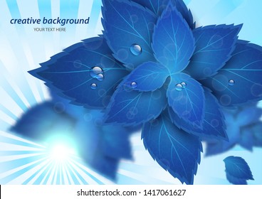 Bright creative leaves through the rays of the sun. Abstract poster with shining sun and blurred background. Vector illustration